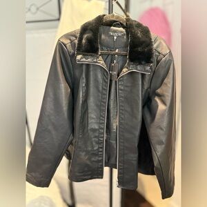 Baccini Black Leather Jacket with Faux Fur Collar